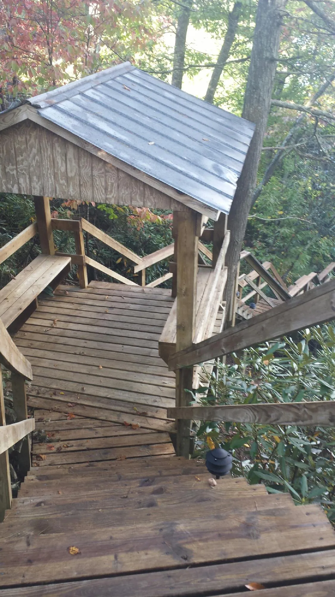 Metal roofed shelter over wooden steps on a wooded walkway — Skylight Repair & Installation work by our crew in Udell